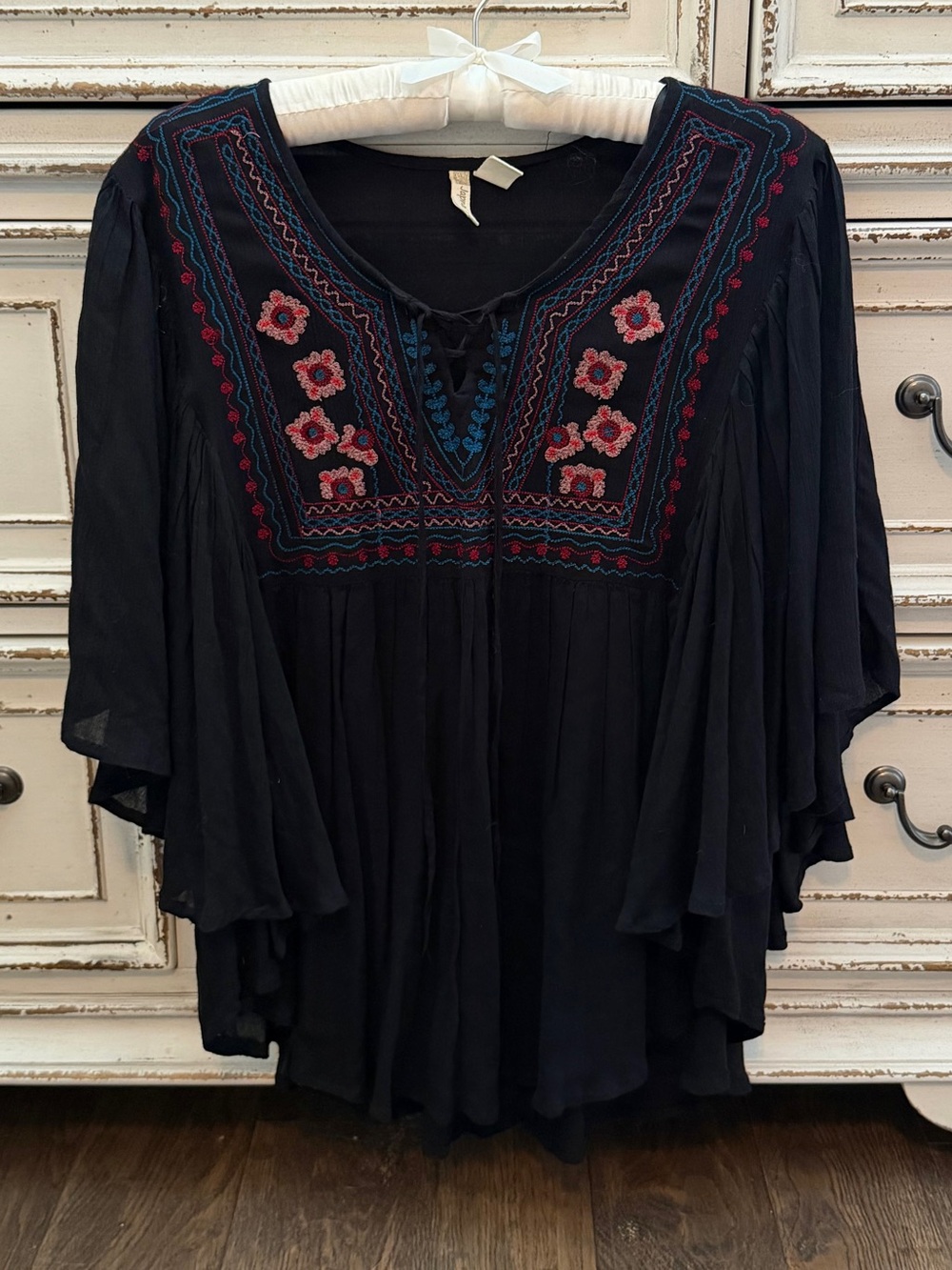 Japna Embroidered Black Peasant Blouse - Boho Tunic